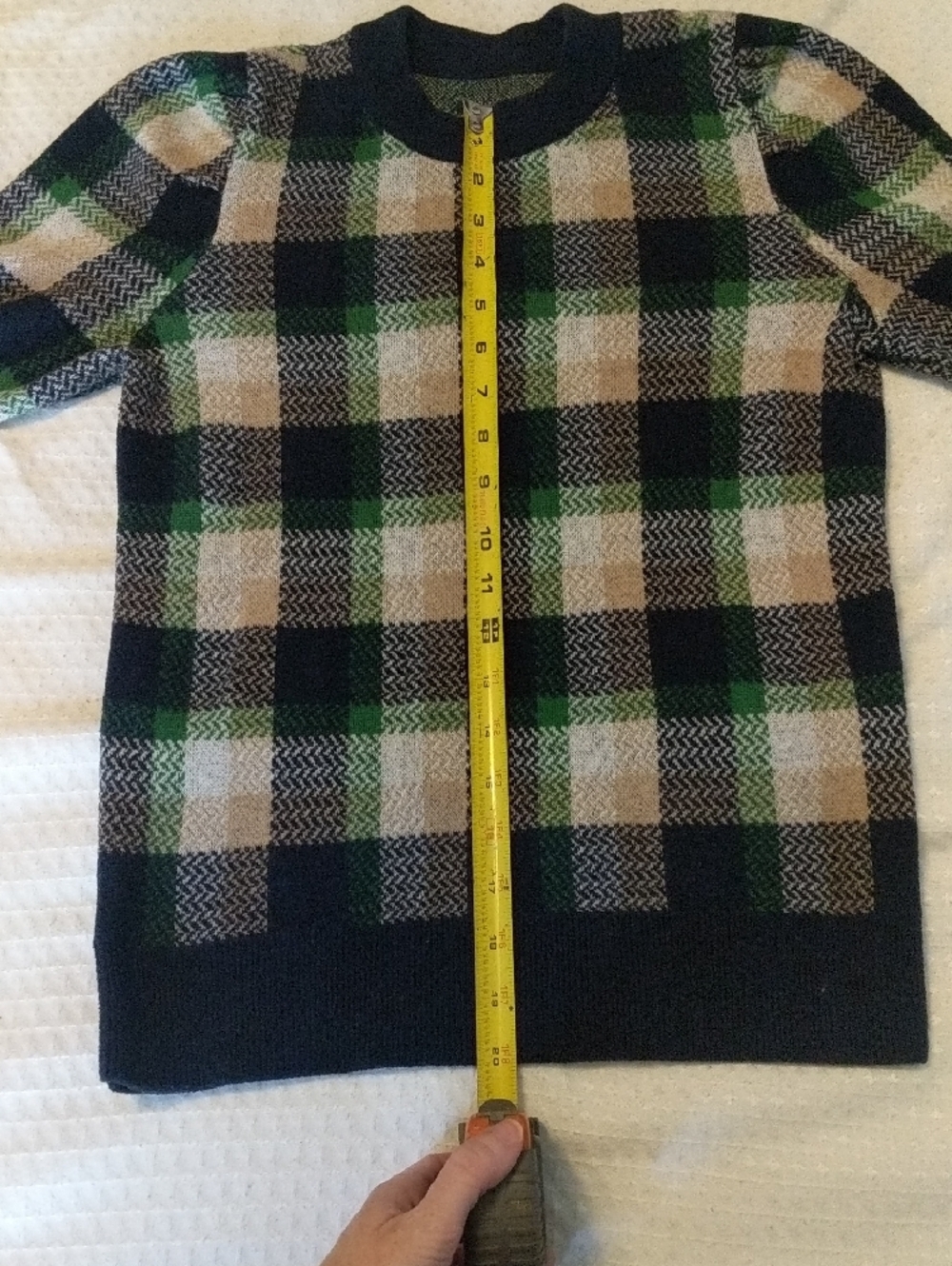 Ann Taylor Plaid Puff Sleeve Sweater Green Navy Knit XS Measurements - Picture 8 of 11